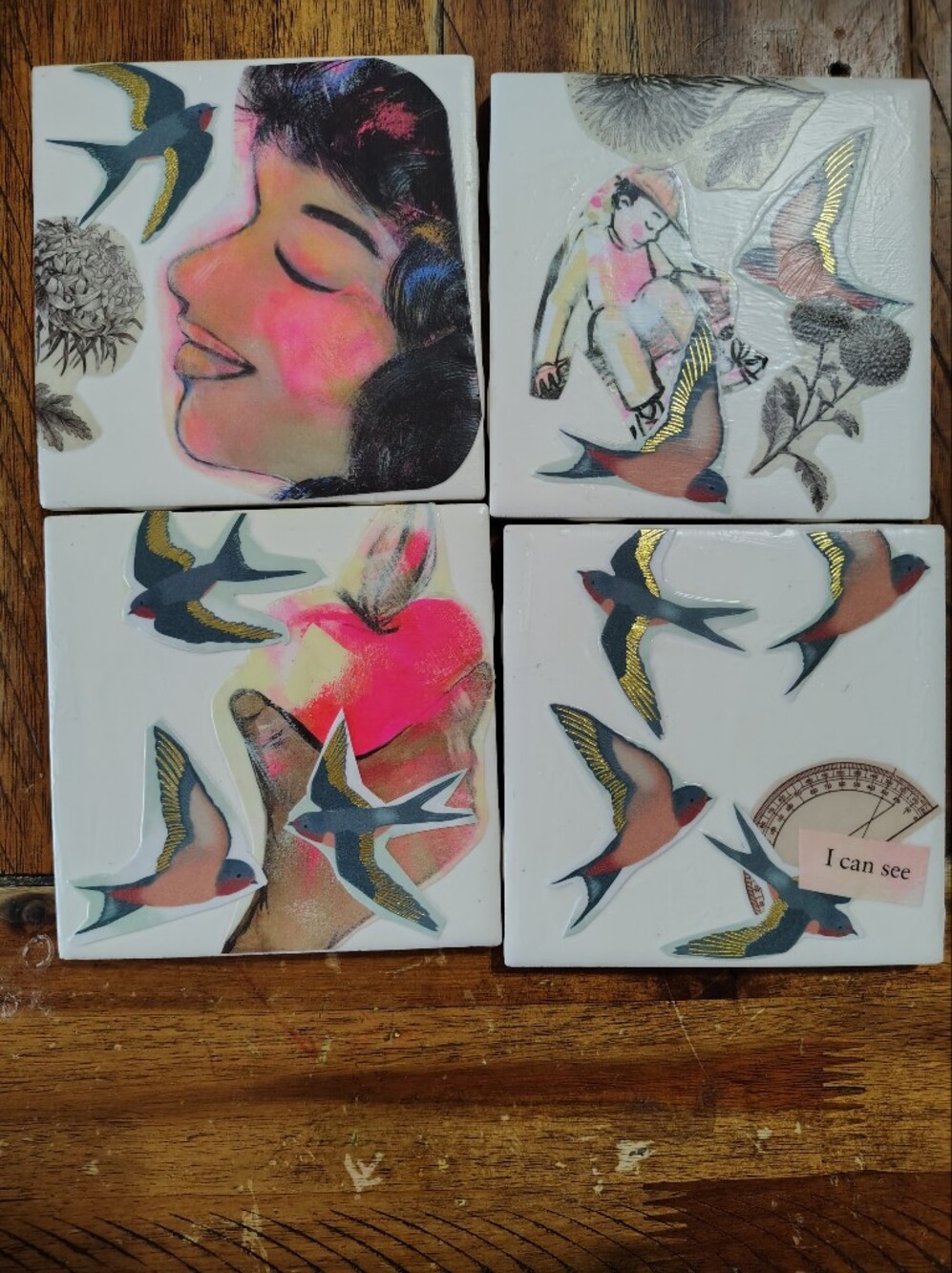 Abstract Bird & Portrait Ceramic Tile Coasters, Handmade - Set of 4